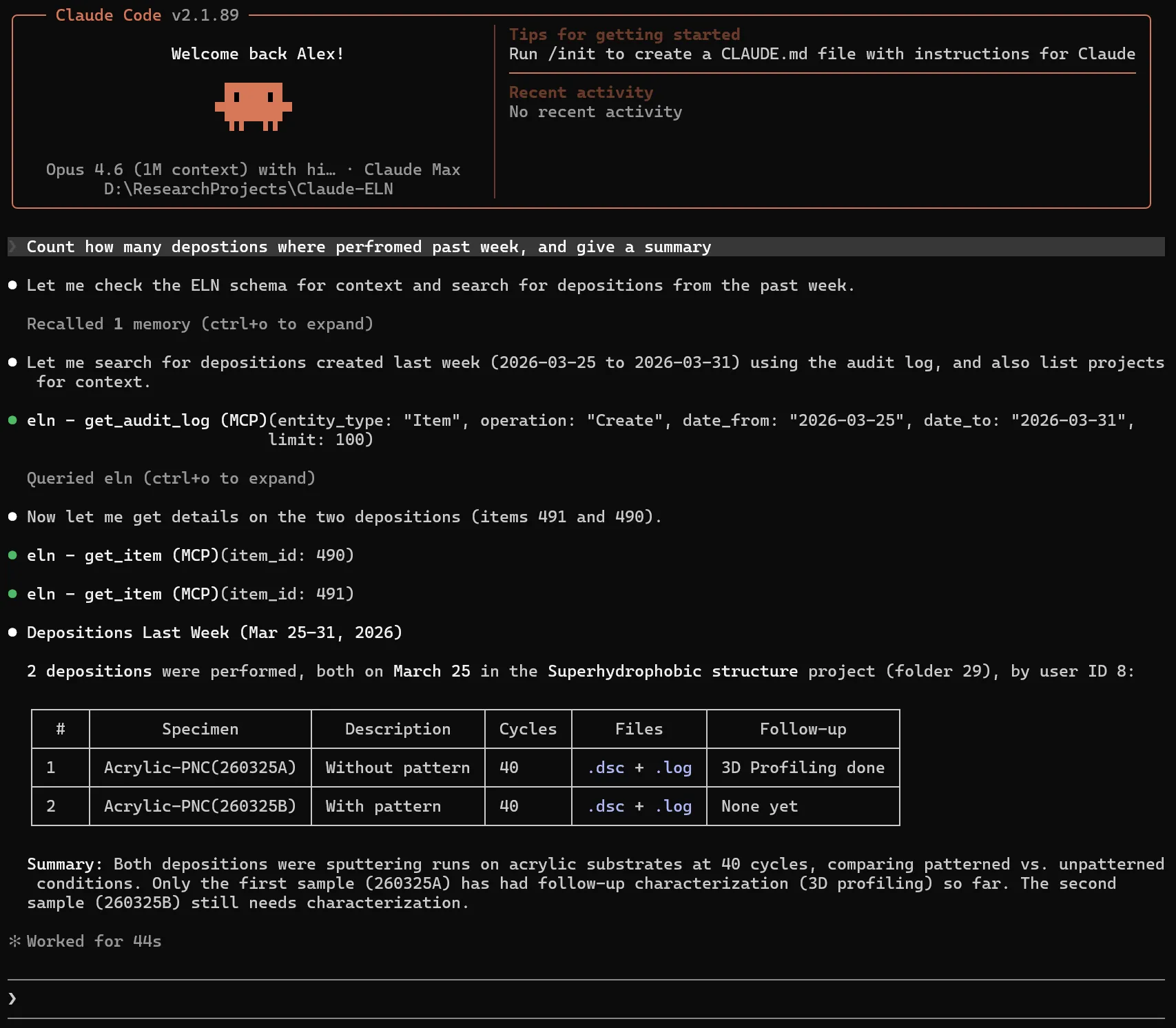 AI walking through the experiment by calling MCP tools against the ELN database