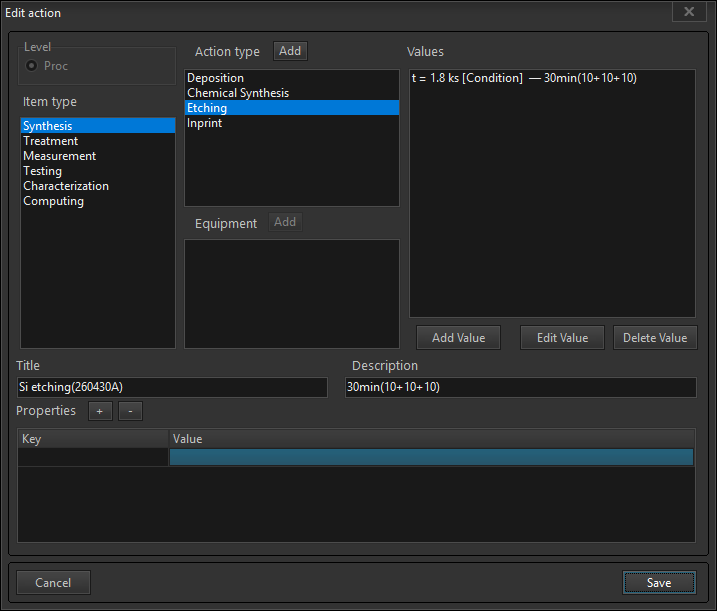 Edit action dialog