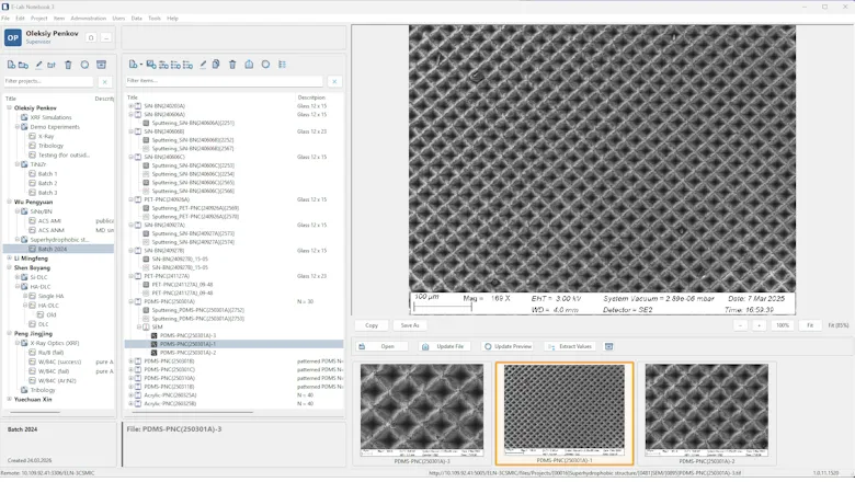 E-LabNotebook 3 specimen view showing structured data, attached files, and actions