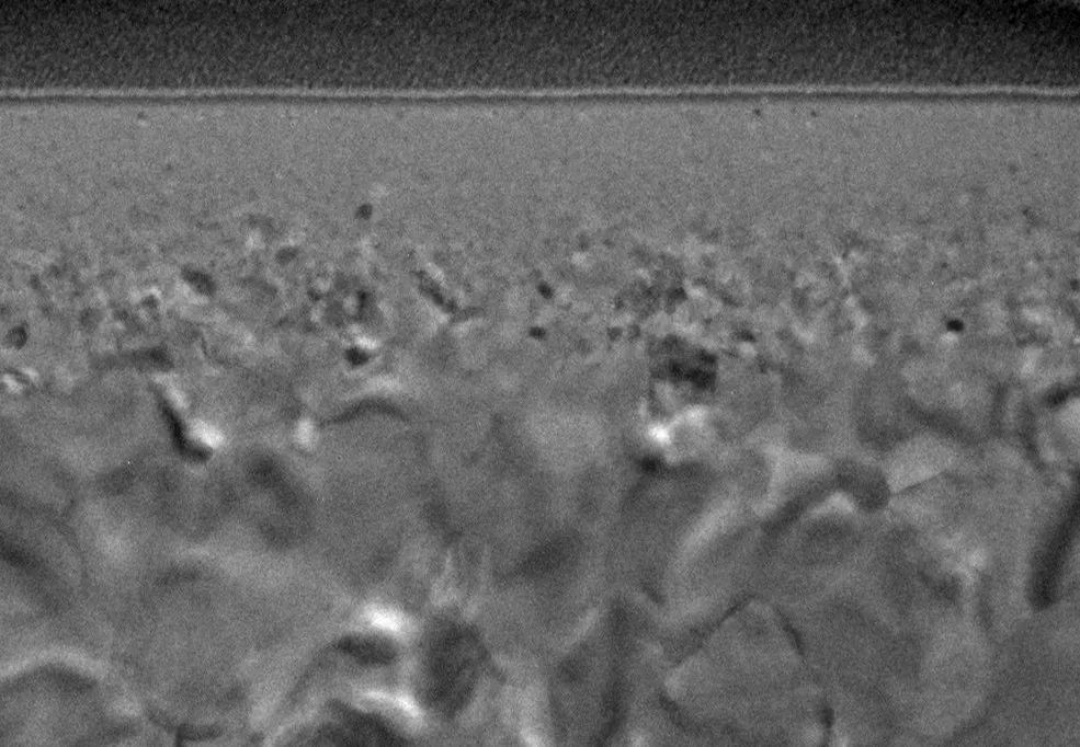 Cross-sectional TEM of an annealed Ti41Zr39Ni20 coating showing columnar microstructure