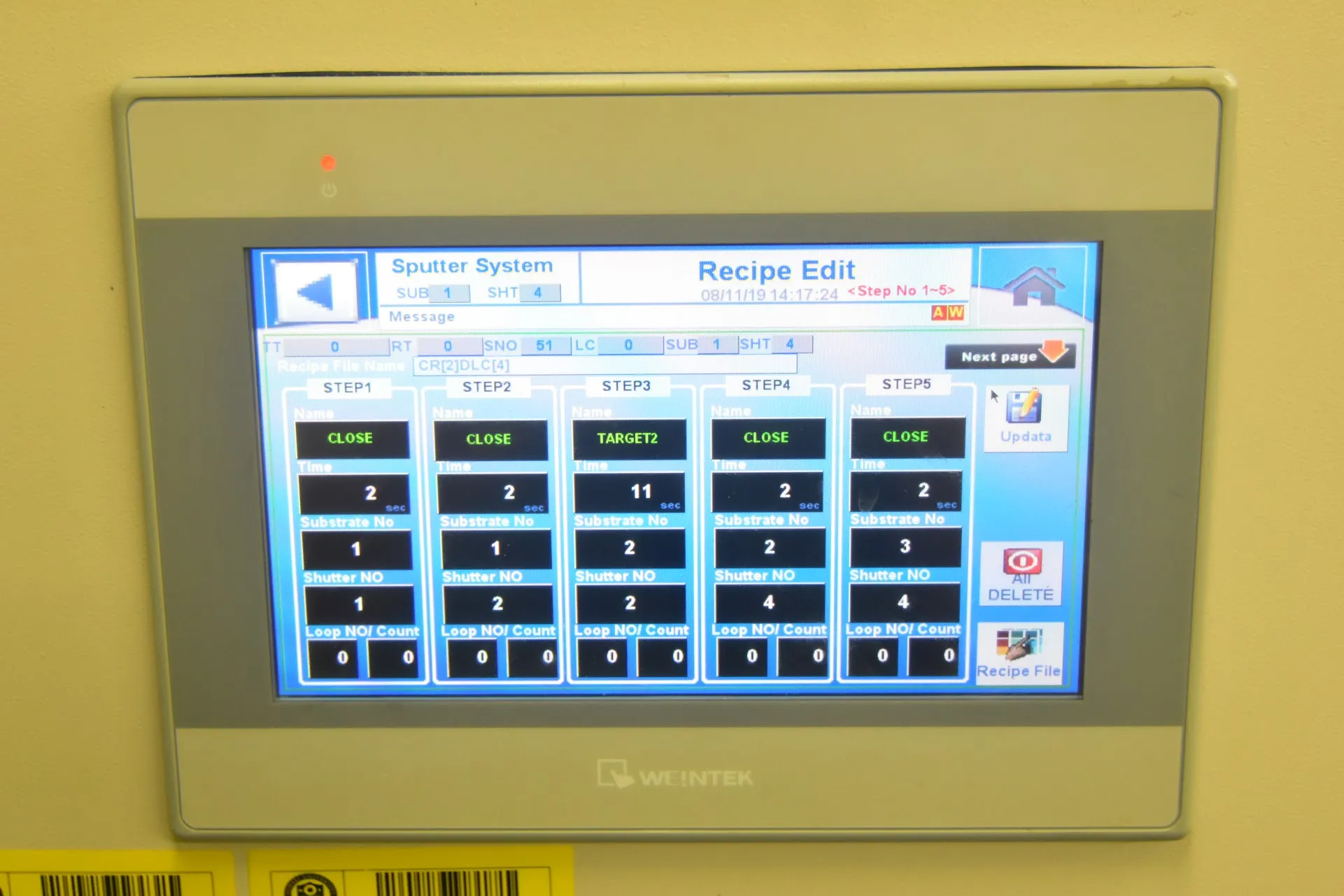 Weintek HMI Sputter System recipe editor — five steps, each setting a target/shutter name, time in seconds, substrate number, and shutter number