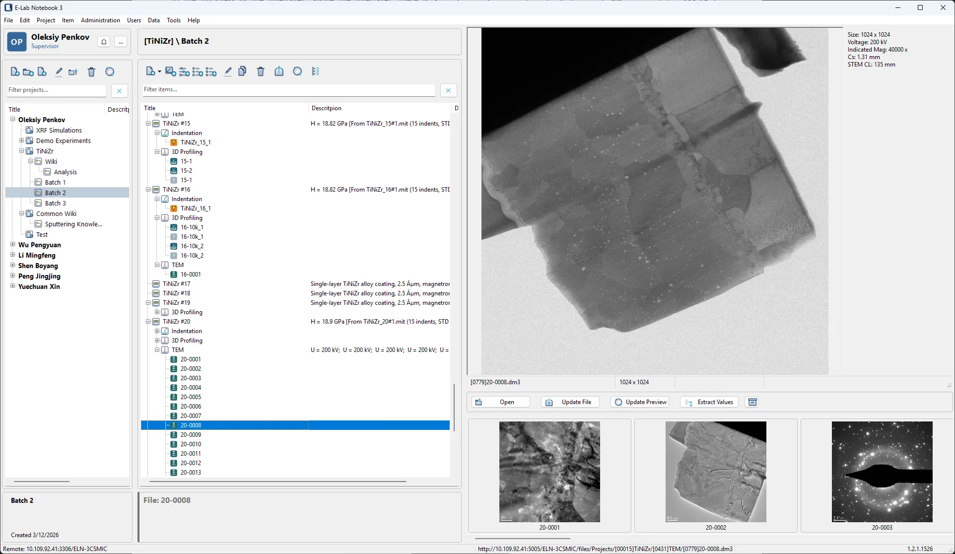 Project 15 tree view: three batch folders, 28 specimens, every measurement nested under the specimen that produced it