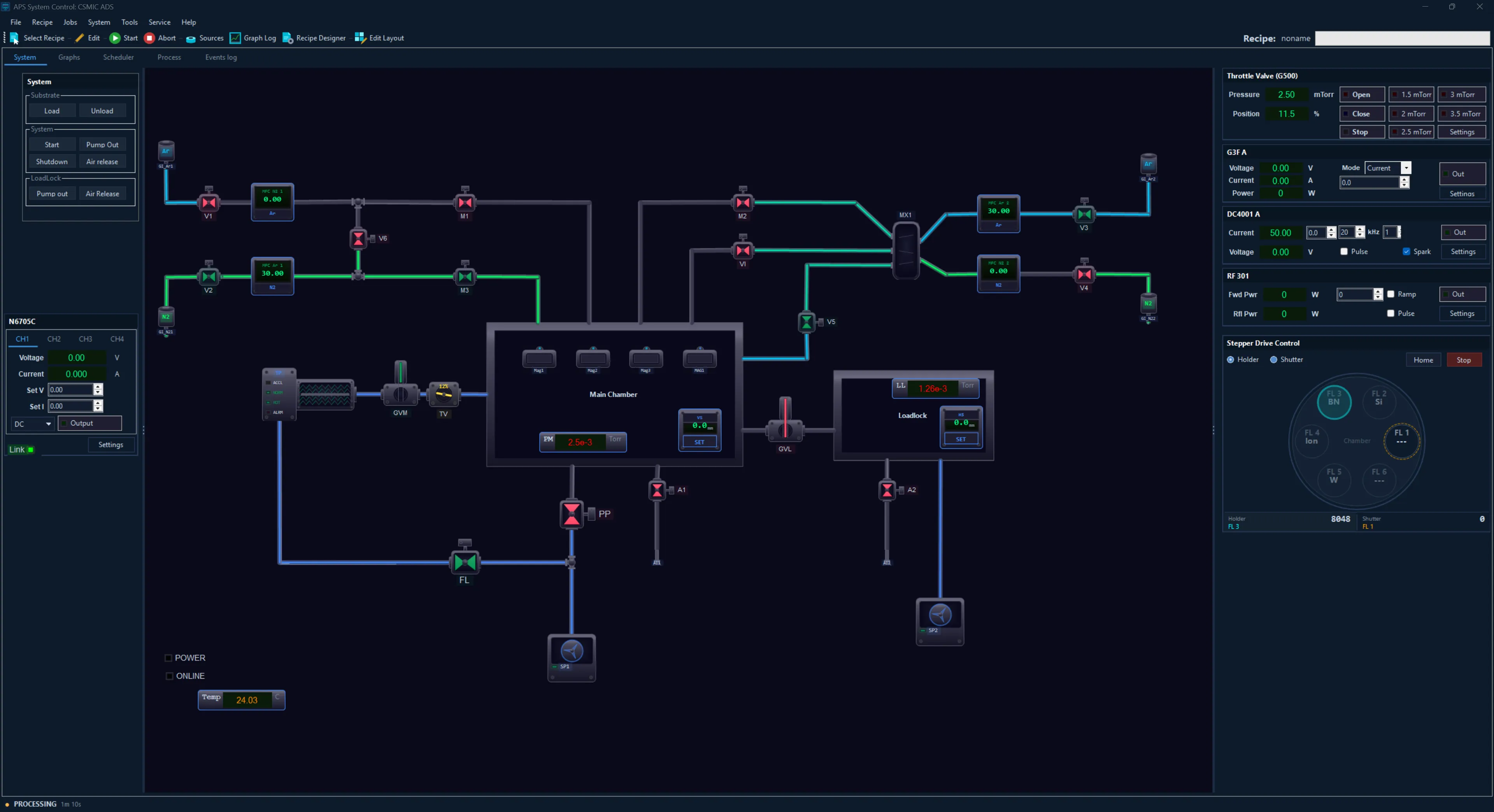 APS System Control operator interface — recipe, live chamber view, log panel on one screen